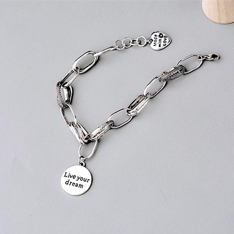 Xiyanike Silver Plated Korean Love Pendant Bracelet Retro Thai Silver Thick Chain Round Letter Bracelet Female Jewelry