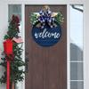 T02C!12Inch Welcome Wreath For Front Door, Round Wood Hanging Sign With Ribbon Bow & Artificial Green Leaves, Farmhouse Decor