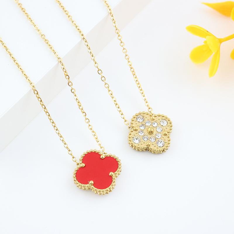 Inlaid Rhinestone Women's Pendant Titanium Steel Four-Leaf Clover Double-Sided Necklace Temperament Hundred Matching Collarbone Chain