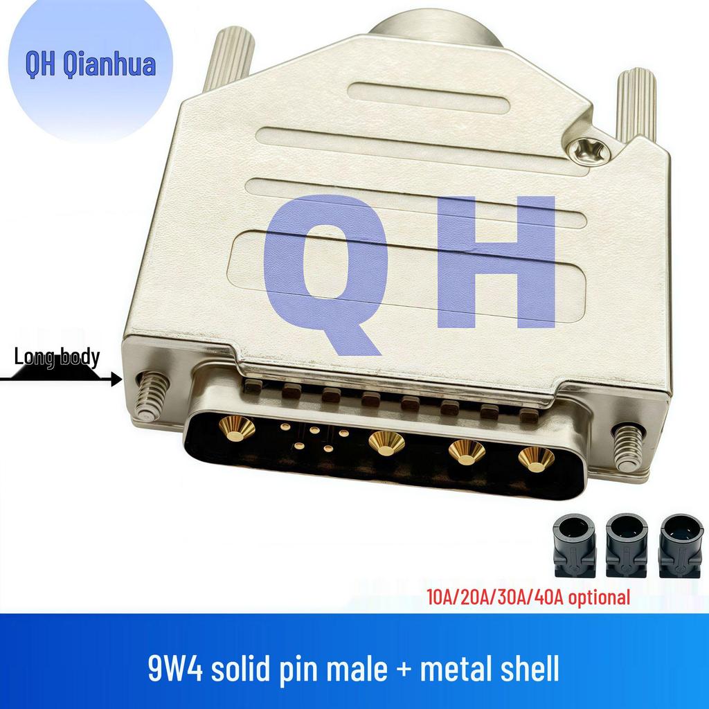 Gold-Plated 9W4 Male/Female Solid Pin High Current D-Sub Connector, Solder Type Plug