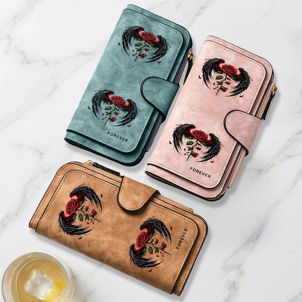 Black Wing Rose Tattoo Print Long Wallet Multifunctional Portable Snap Coin Purse Unisex Perfect Birthday Gift For Friends Family Daily Commute