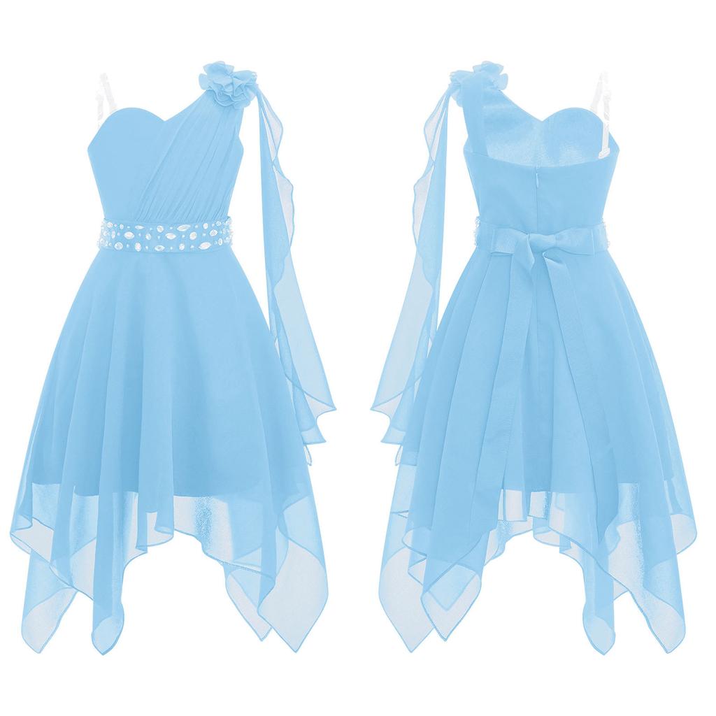 Girls One Shoulder Sleeveless Flower Girl Dress Kids Ruched Applique Pageant Wedding Bridesmaid Dresses
