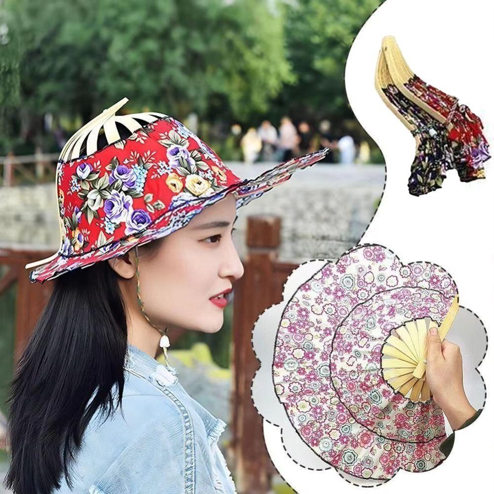 Foldable Fan Sun Hats Wide Brim Bamboo Sunscreen Cap Women Sunhat Folding Fan Hat  Summer