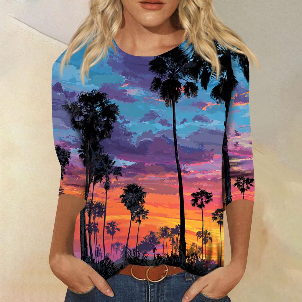 Women's Fashionable Casual Round Neck Three-quarter Sleeve Hawaiian Print T-shirt Top