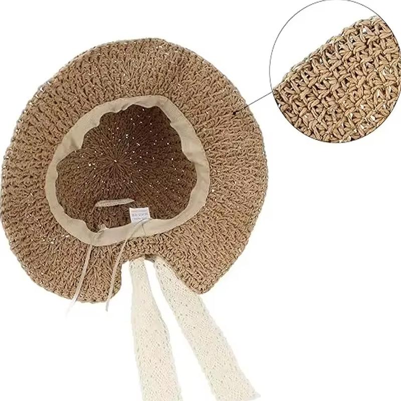 Women's Straw Panama Sun Hat with Lace-Up Bow & Ponytail Hole - Wide Brim Foldable UV Protection Bucket Hat for Beach Travel