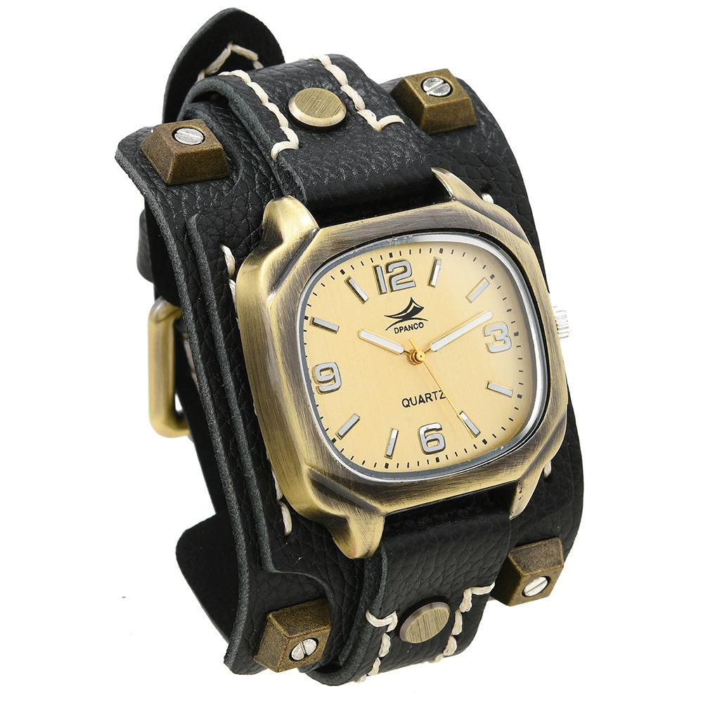 Retro Punk Hip-Hop Style Men'S Quartz Watch - Rivet Cowhide Leather Strap, Adjustable Hand-Stitched