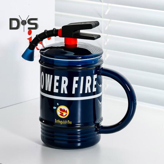 Ceramic Coffee Mug 450ml Funny Flame Extinguisher Cup with Lid Ice Chocolate Milk Beverage Mug Creative Gift for Men Women