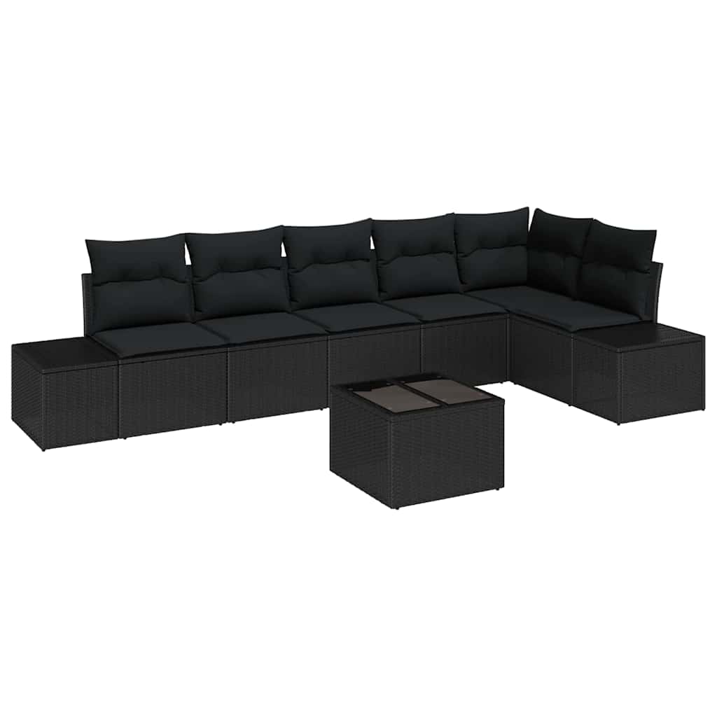 7 Piece Garden Sofa Set with Cushions Black Poly Rattan