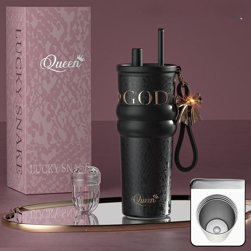 710ml Travel Thermos with Straw and Leak-Proof Lid Stainless Steel Metal Water Bottle for Hot and Cold Coffee Drinks