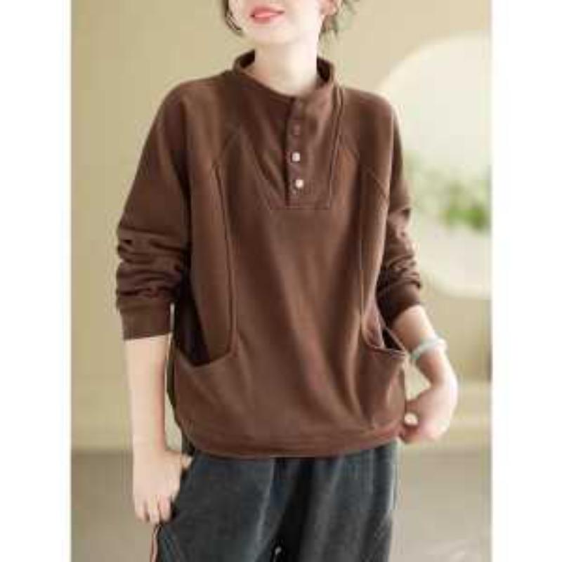 German Velvet Half Turtleneck Buttoned Thermal Sweatshirt for Women Loose Korean Versatile Design Pocket Splicing Top