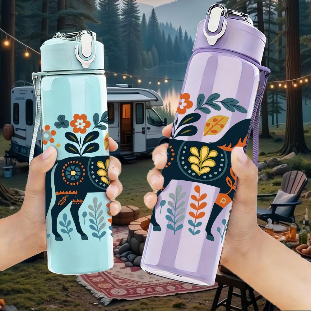 1PC Folk Art Floral Horse 750ml Color Plastic Sports Water Bottle Leakproof Flip Straw Lid Suitable for Sports Office Home Use