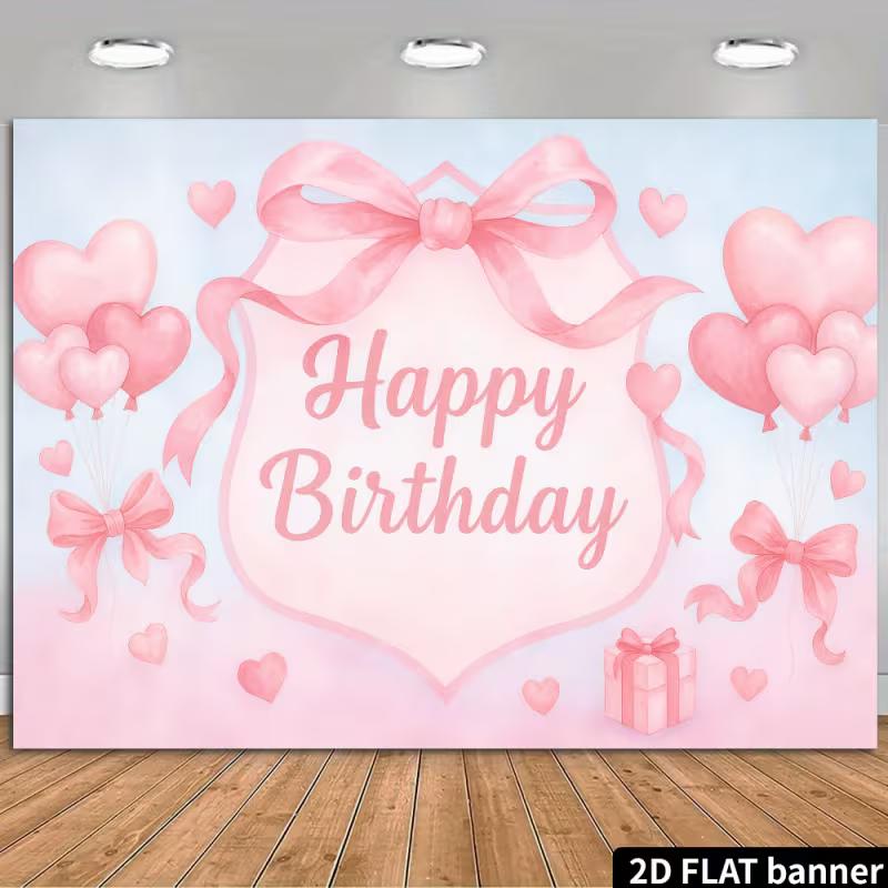 2D Flat Soft Pink Birthday Banner Pastel Bow & Heart Themed Backdrop for Baby Shower & Birthday