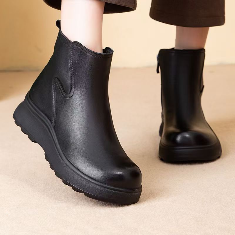 Women Real Leather Wedges Ankle Boots Spring Autumn New Thick sole Non Slip Middle Aged And Elderly High Top Zippers Boots