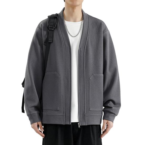 Men Knitting Coat V-Neck Long Sleeve Solid Color Knitted Cardigan with Pockets Zipper Placket Loose Fit Outwear