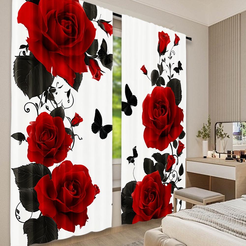 Flat Printing Curtain Red Roses Butterflies Digital Printed Polyester Drapes Family Party Perfect Door Wall Set Of 2 Made Washable