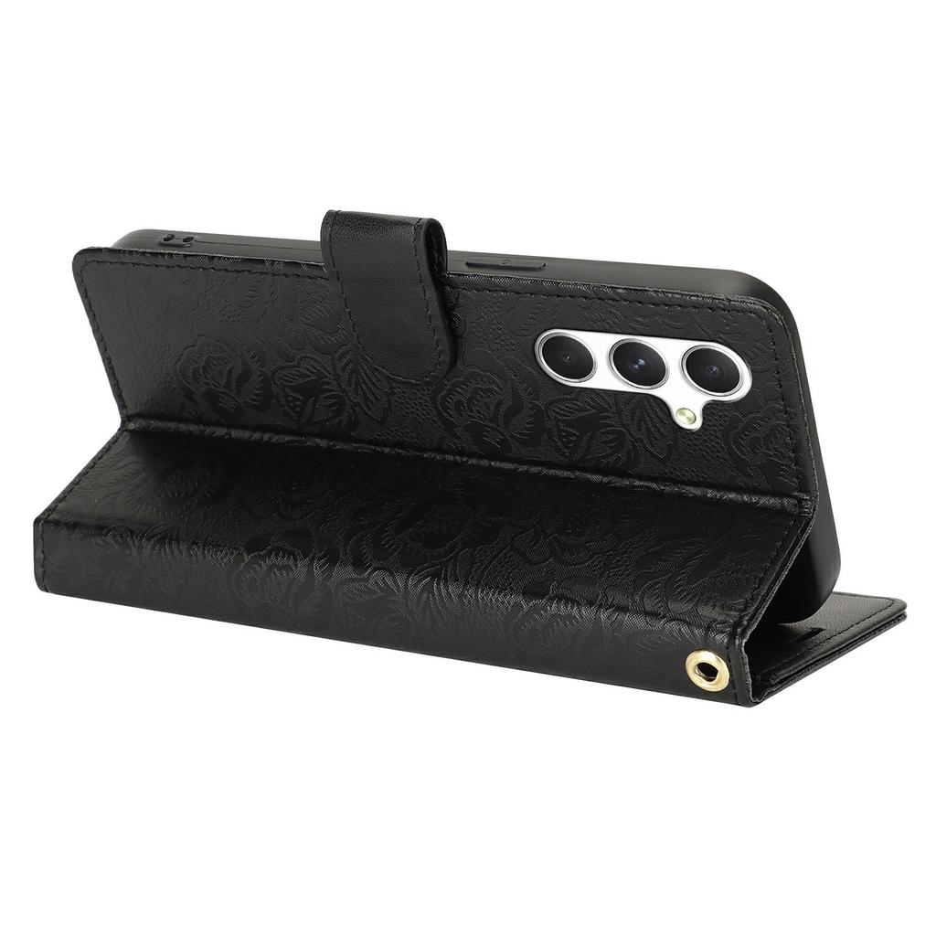 For Samsung Galaxy S24 FE Case with Hand Strap Flower Imprint Leather Wallet Phone Cover