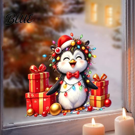 DIY Christmas Window Ornaments Spotted Puppy/Penguin Static Sticker Cute Watercolor Animal Glass Stickers with Colorful Lights & Gift Boxes Puppy or