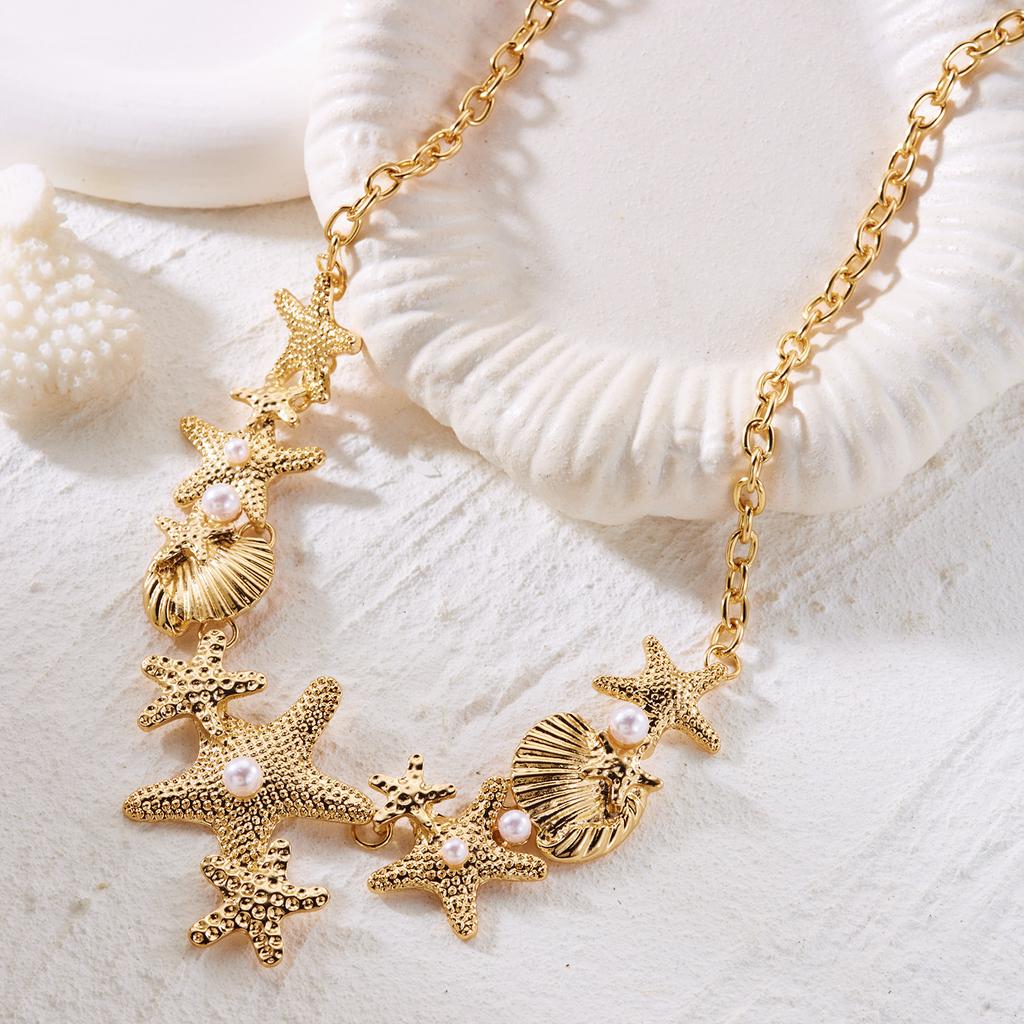 Starfish Shell Imitation Pearl Necklace Summer Beach Vacation Style Accessory Personality Daily Accessory