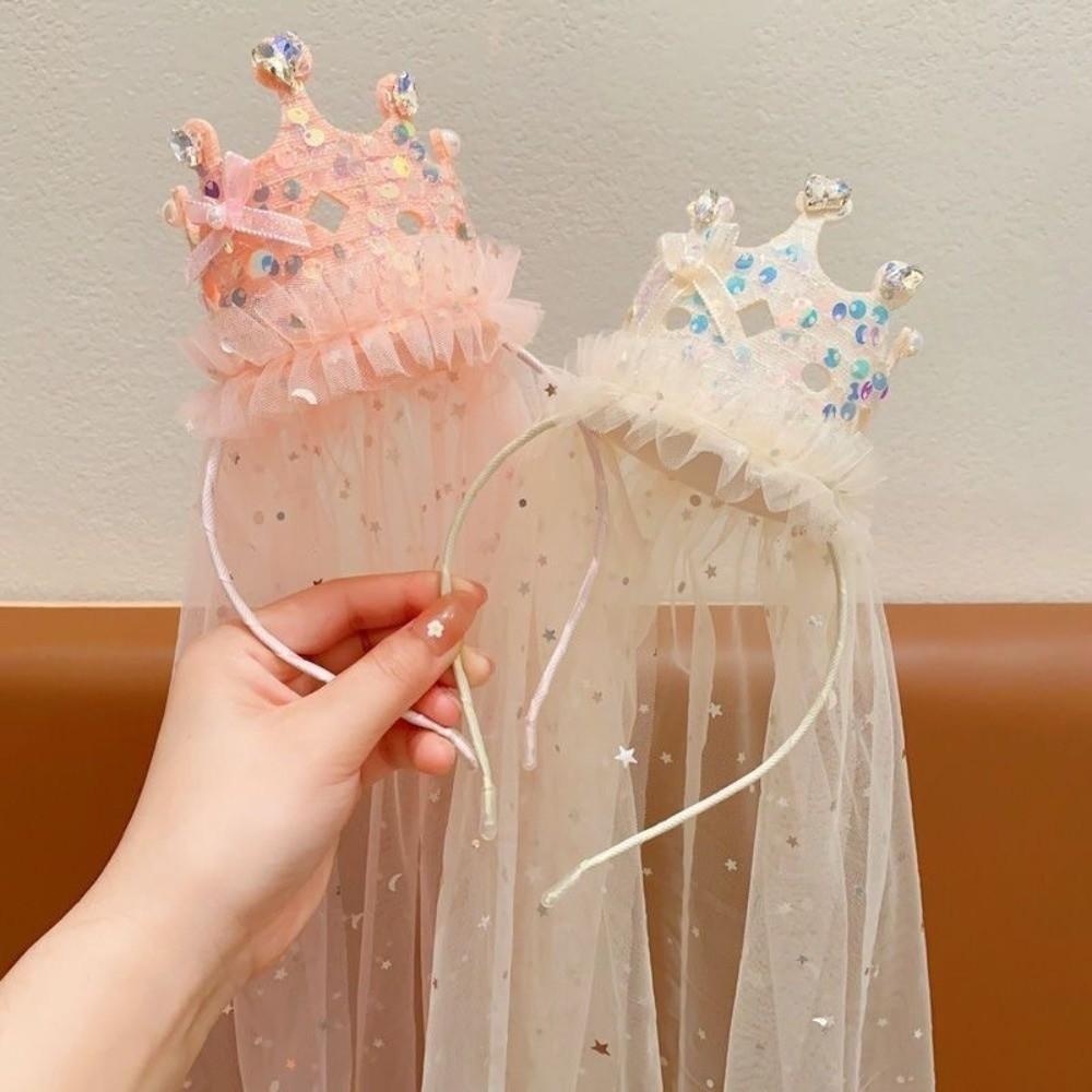 Sweet Sparkly Tulle Headbands Pink White Hair Accessories Princess Crown Veil  Party Decoration