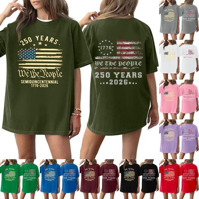 T-shirt décontracté pour femme Imprimé 250e Anniversaire Jour de l'Indépendance Col Rond Pull Manches Courtes