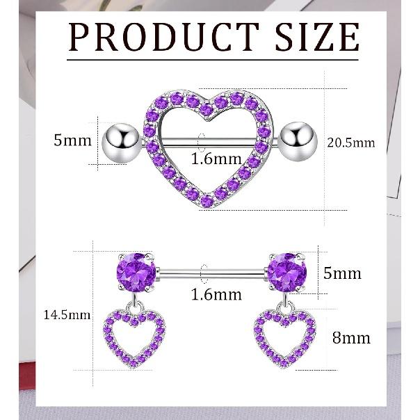 Staligue 2 Pairs Titanium Nipple Rings for Women 14G Nipple Piercing Heart CZ Barbell Body Nipple Piercing Jewelry