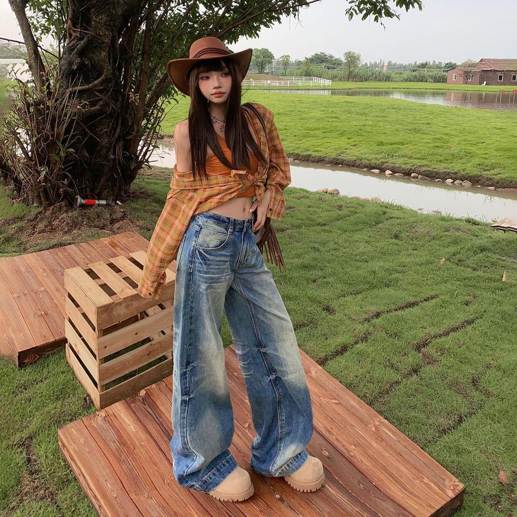 Women's Distressed Gradient Loose Wide-Leg Floor-Length Jeans 2025 Trend