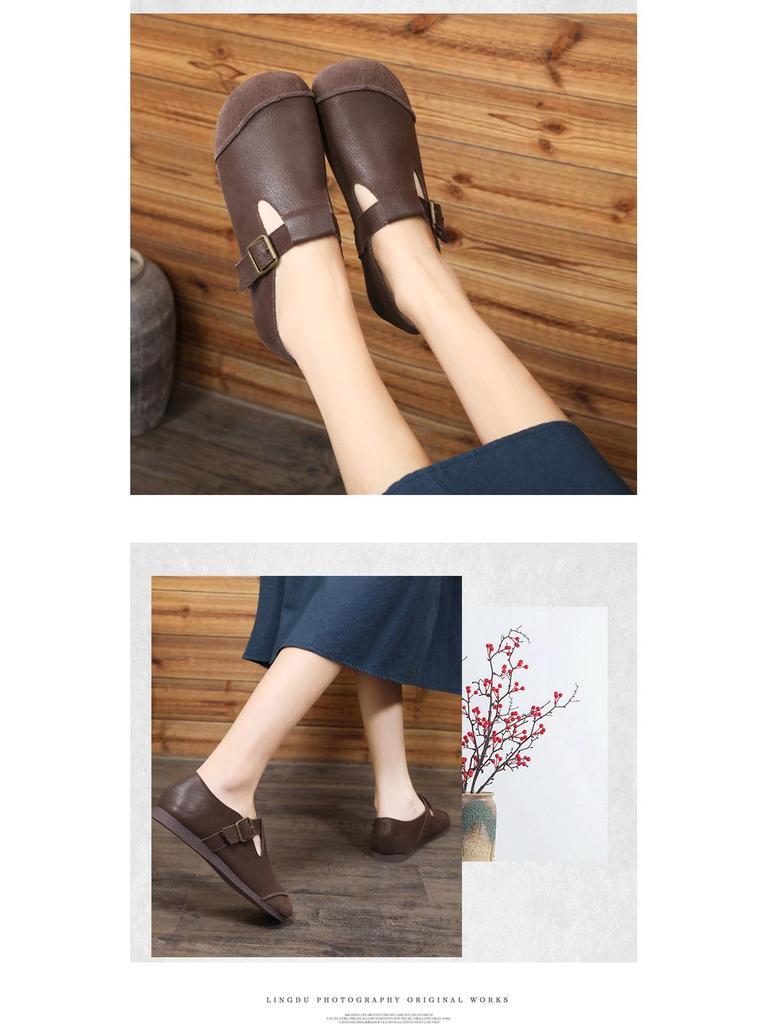 Retro Mori Style Women's Handmade Leather Flats - Comfortable & Versatile (2011-25)