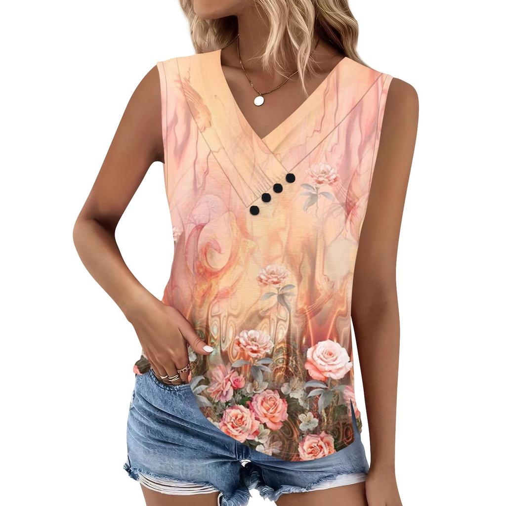 Canotta da donna vintage con stampa floreale, T-shirt estiva a maniche corte con bottoni e scollo a V, top alla moda ampio