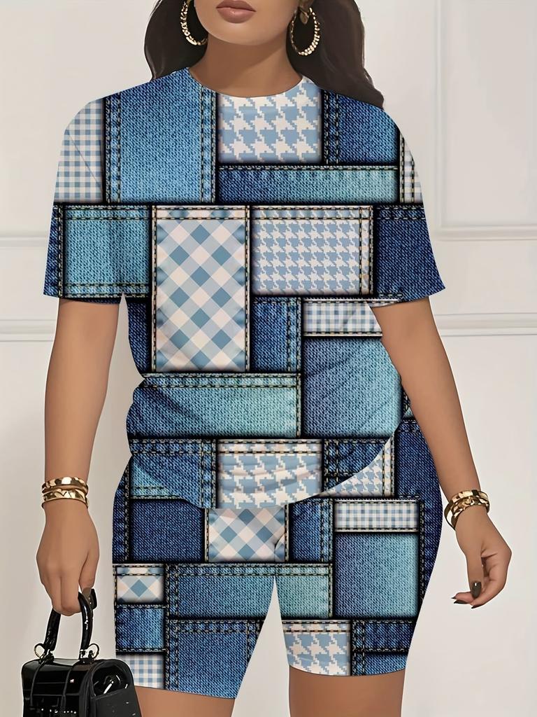Color code European and American women's clothing painting printing T-shirt shorts set sports suit