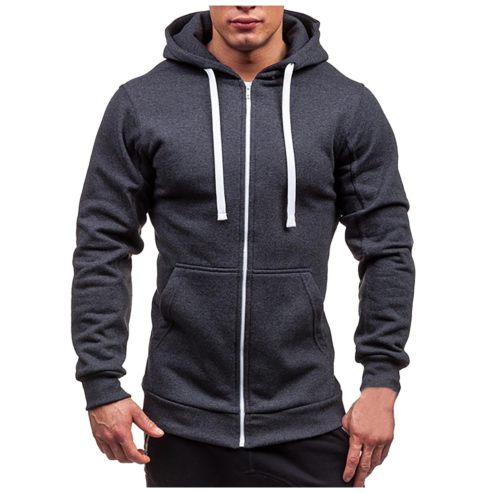 Spring And New Men s Solid Color Cardigan Hooded Fleece Casual Coat XXXL