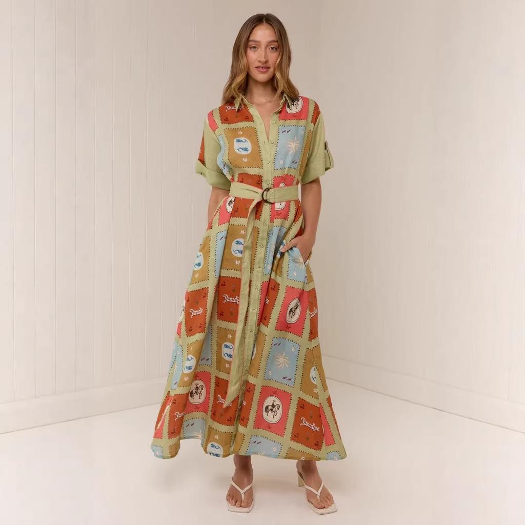 Cross-Border Casual Linen Shirt Collar Cardigan Long Dress, 2025 European and American Fashion 2X Large