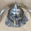 Handmade 16 Gauge Steel Medieval Helmet with Riveted Chainmail – Silver Polish & Decorative Golden, LARP Cosplay Gift