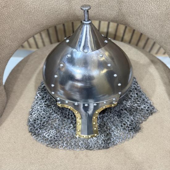 Handmade 16 Gauge Steel Medieval Helmet with Riveted Chainmail – Silver Polish & Decorative Golden, LARP Cosplay Gift