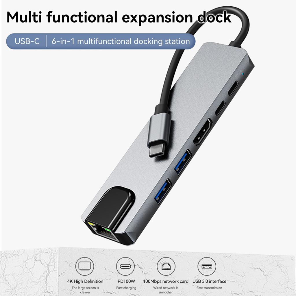6 In 1 TYPE-C To HDMI+USB3.0+2.0+RJ45 100M+PD+Data Interface Hub Adapter Dock