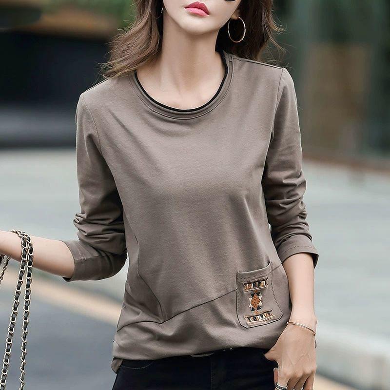 

Весна Осень Мода Сплайсированные Вышитые Карманы Футболка Женская Одежда Большие Повседневные Пуловеры Свободные Футболки L хаки