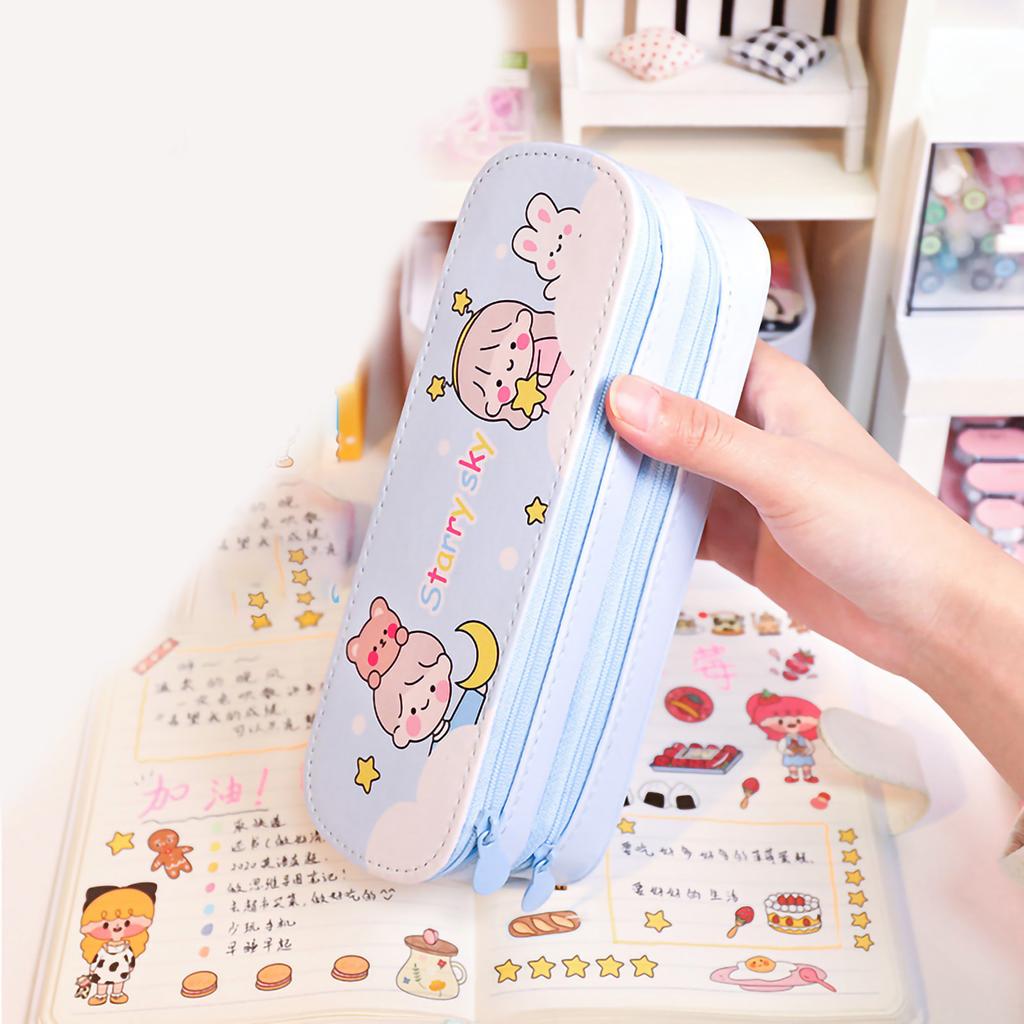 Double Layer Pencil Pouch Large Capacity Simple Style Waterproof Dustproof Canvas Pen Holder Bag for Girl Students