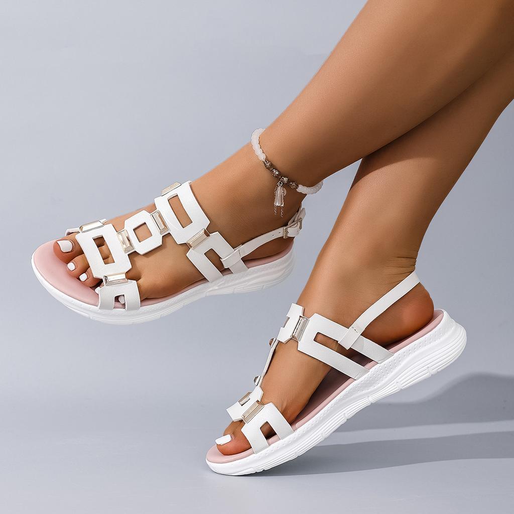 New hollow metal buckle flat bottom cool slippers women's personality lightweight buckle beach cool slippers ebay