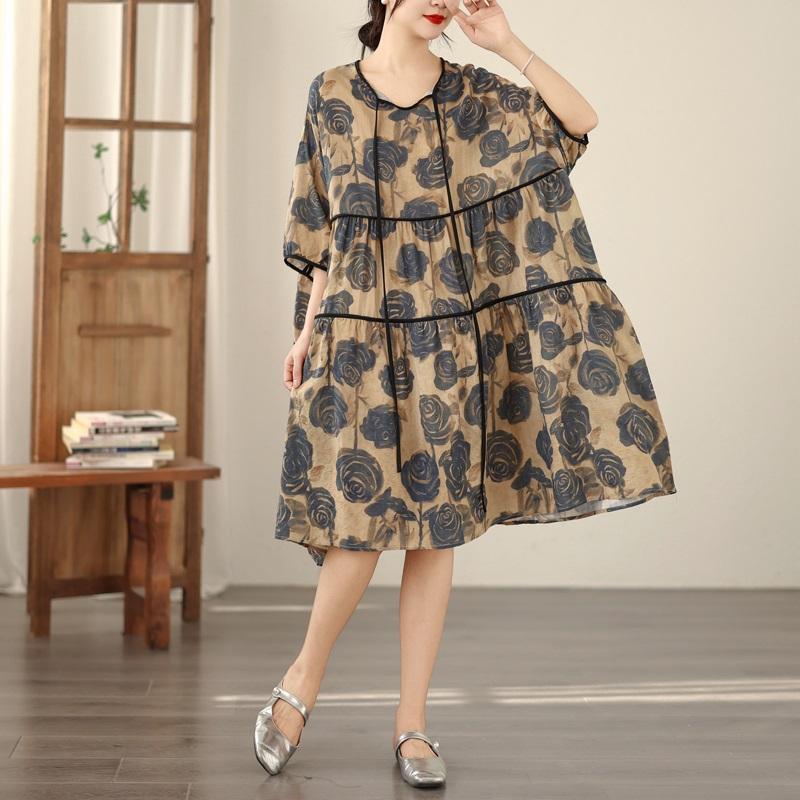 Short Sleeve Plus Size Cotton Linen Vintage Floral New In Dresses for Women Casual Loose Midi Summer Dress