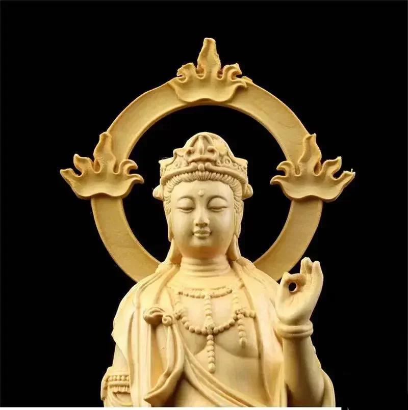21CM Boxwood Carving Furnishing Ornaments Wood Crafts Buddha Statue Guanyin Sculpture Gifts