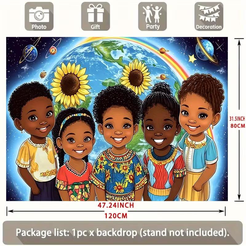Space Themed Tapestry with Black Children, Earth Planets & Sunflower Print Wall Art for Nursery & Party Backdrop