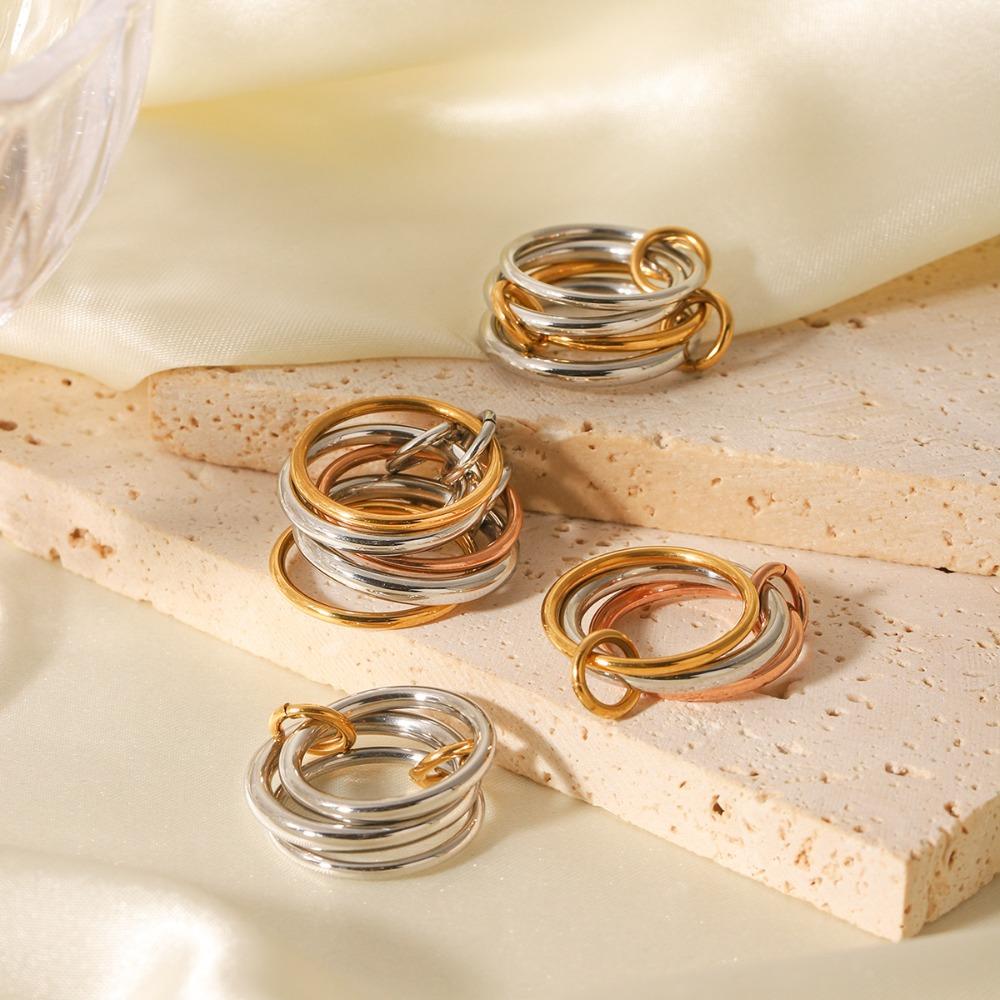 Stainless Steel Cubic Zirconia Stackable Rings for Women 18k GoldPlating Multi-Link Connected Statement Ring Stack Jewelry