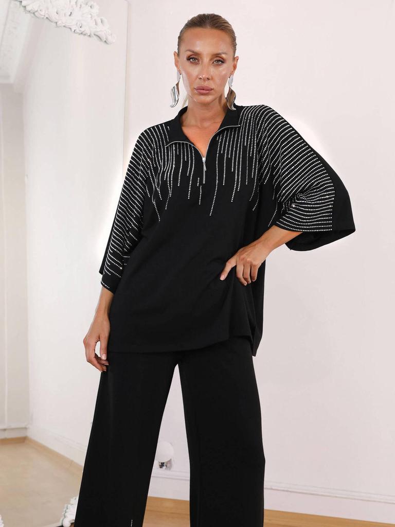 2025 Herbst Damenmode: Schickes zweiteiliges Set mit verziertem Oberteil und Hosen mit weitem Bein