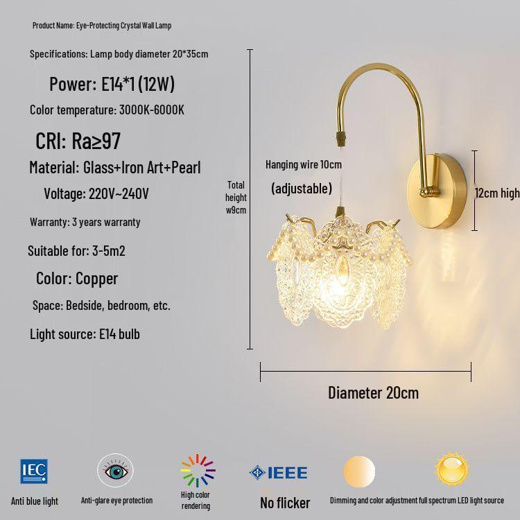 Modern Luxury French Glass Wall & Bedside Lamp for Bedroom, Corridor, and Hall