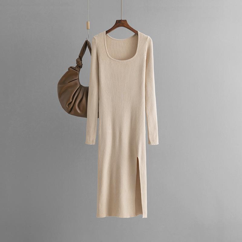 New autumn and winter solid color dress women's long dress slim temperament thin knitted backing sweater skirt