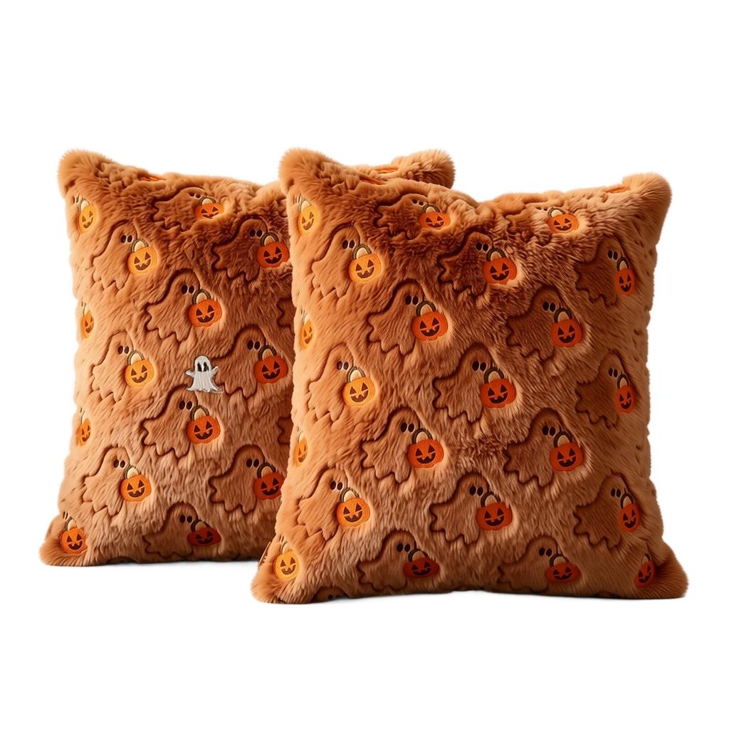 Halloween Plush Pillow Cover 45cm Square Decorative Cushion Case Soft Fabric Ghost and Pumpkin Pattern for Home Sofa Bedroom