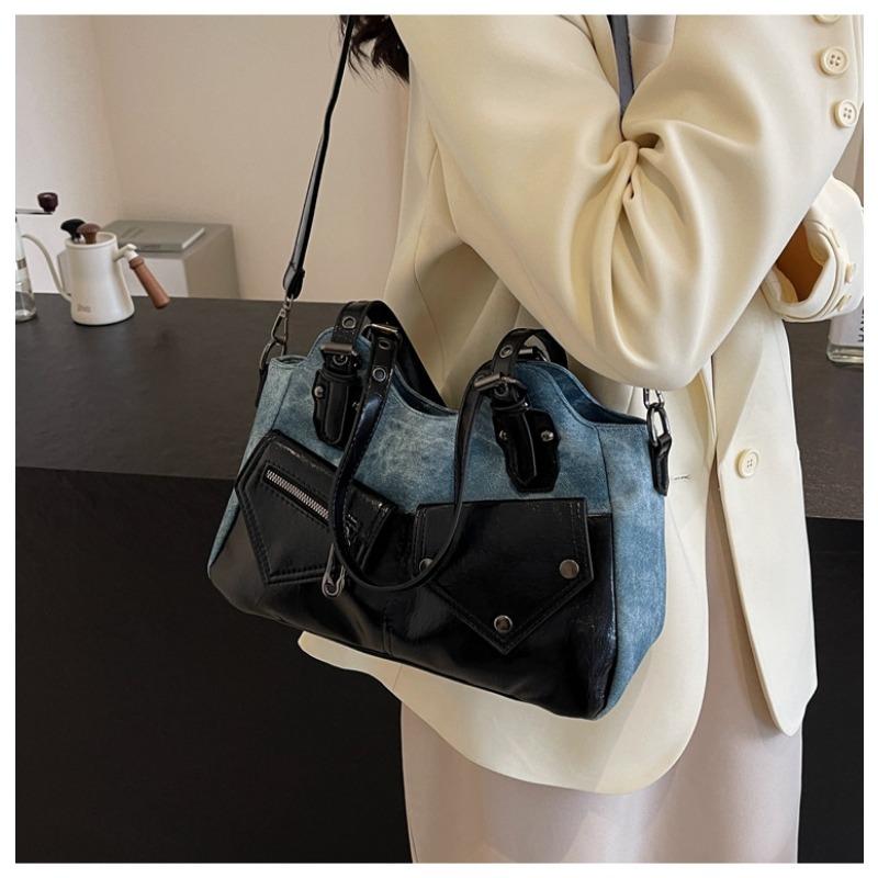 Vintage Euro-American Large Capacity Shoulder Bag New Crossbody Bag Patchwork Women Bag Minimalist Soft Leather Tote Bag