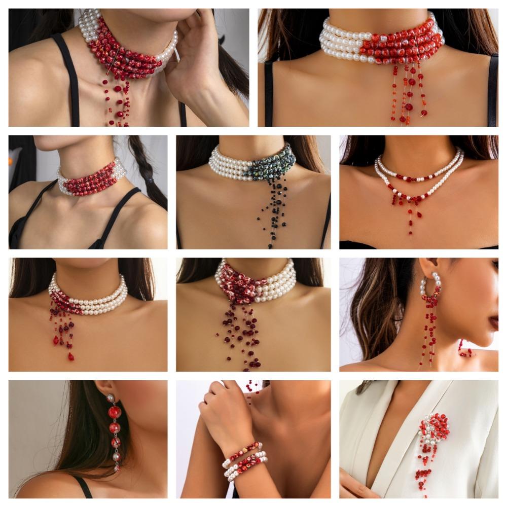 Pearls Tassel Choker Gothic Blood Drop Necklace Imitation Pearl Clavicle Chain Jewelry Gothic Blood Drop Brooch