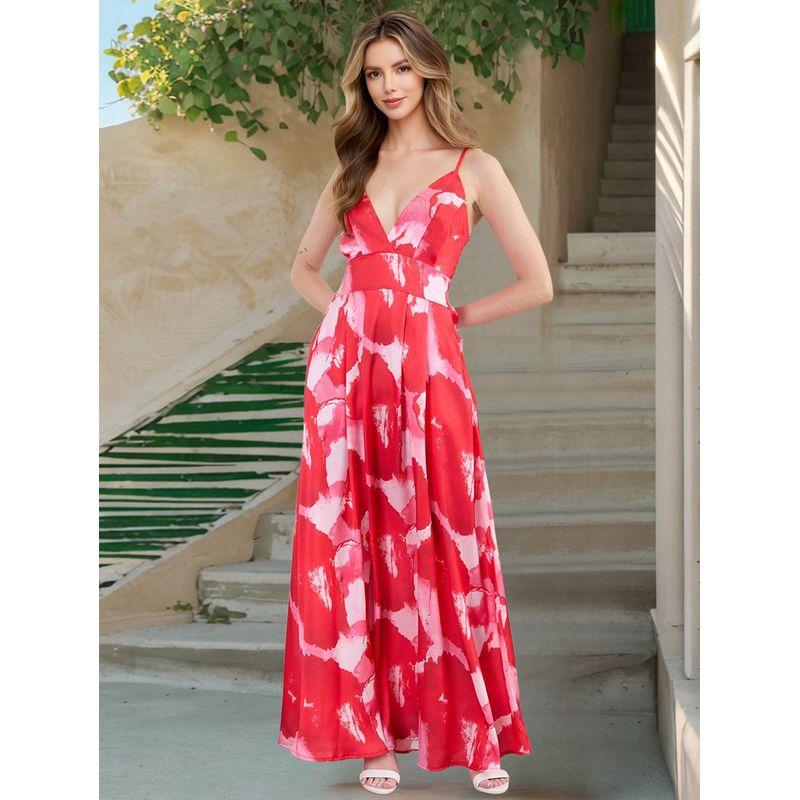 

European and American Women s Clothing Tight Waist Graceful Beach Skirt Summer Bohemia Vacation V Neck Spaghetti-Strap Floral Print Long Dress HD033-Red XL