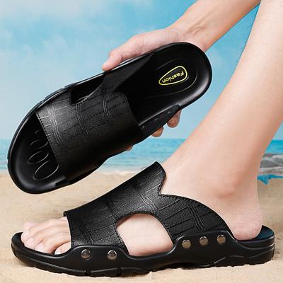 Simple Casual Slippers Men Slippers Summer Soft Peep Toe Beach Shoes Genuine Leather Flip Flops Casual Non-Slip Sandals 38-50