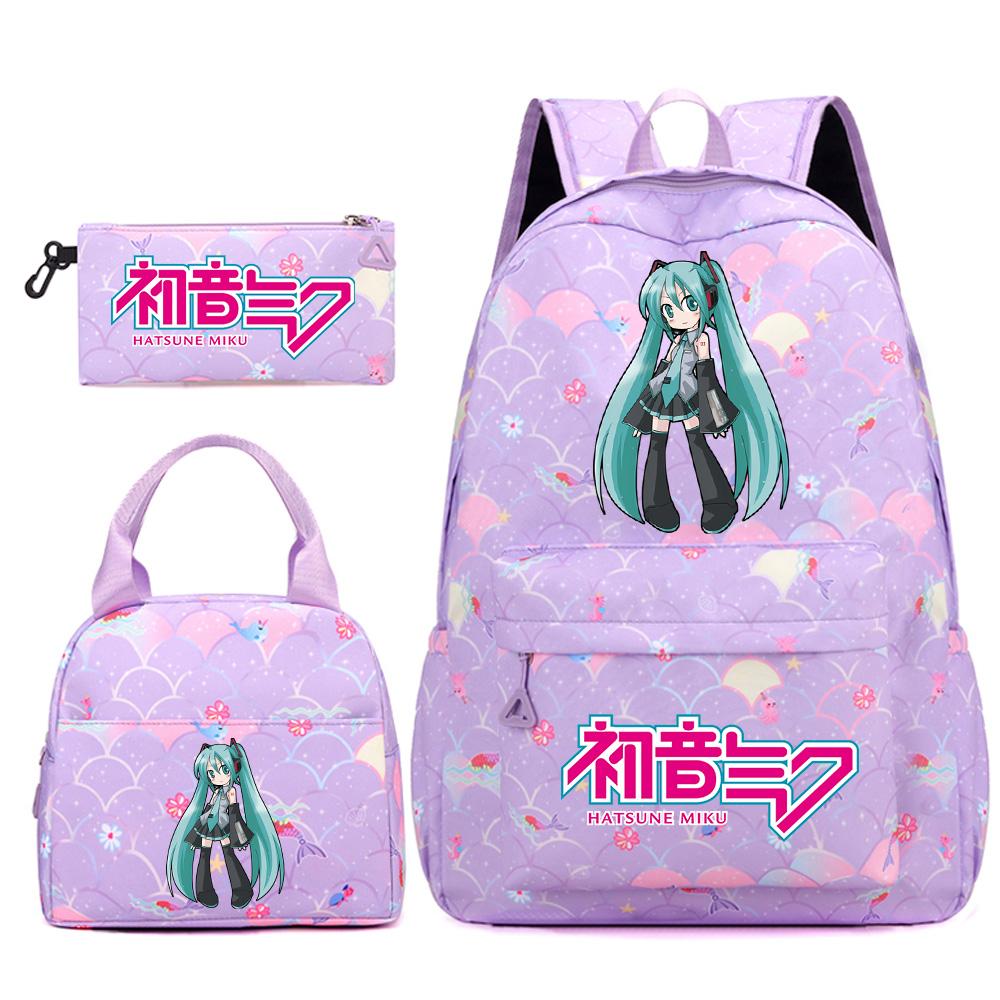3 Stück/Set Anime Cartoon Hatsune Miku Bedruckter Rucksack Handtasche Federmäppchen für Teenager Schüler Mädchen Jungen Große Kapazität Wasserdicht Schultasche Reisetasche